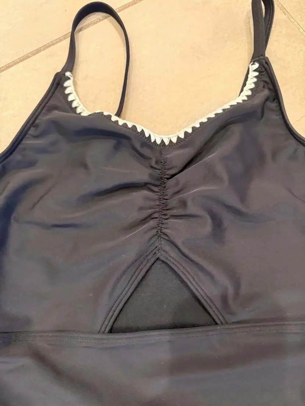 abercrombie kids Girls' Black One-Piece Swimsuit with White Shell Stitch Trim an
